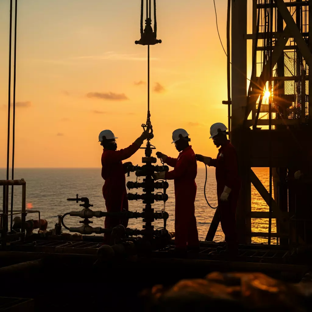 Silhouetted Oil Rig Workers Operating Equipment Against A Sunset Backdrop Over The Ocean, Showcasing Offshore Drilling Activities.
